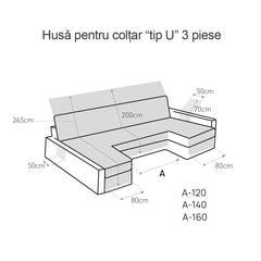 Husă colțar tip U matlasată Sofazip, 3 piese, culoare Negru